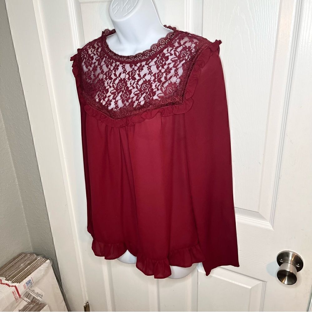 ModCloth Burgundy Lace Yoke Long-Sleeve Blouse - Picture 6 of 10